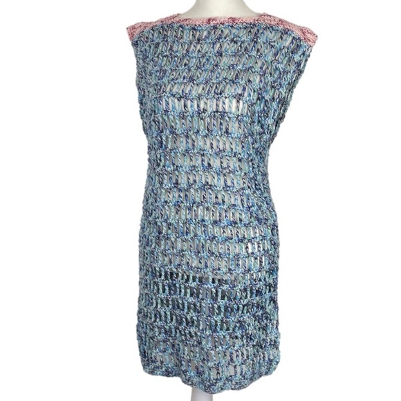 Hand Knit Bohemian Crochet Dress Cover Up Blue Pink Size Small Medium - Picture 8 of 8